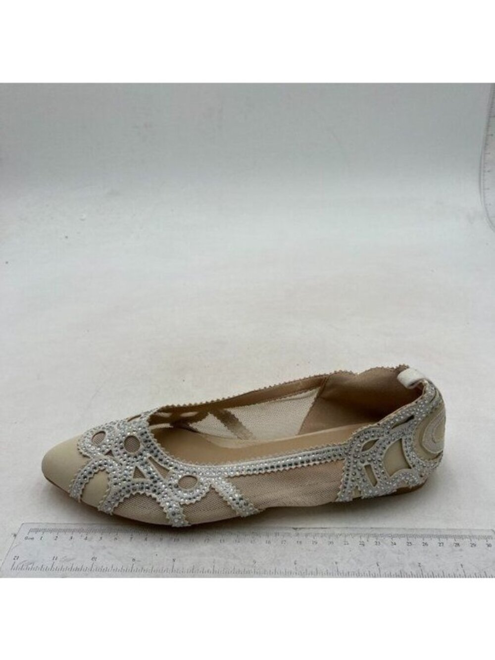 FSJ Women Elegant Pointed Toe Rhinestone Flats Mesh, Low Heel Crystal Nude
